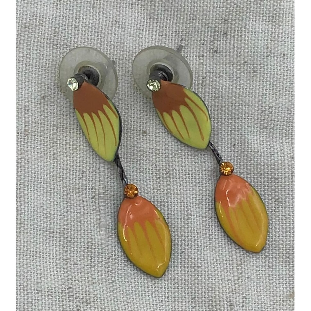 VTG Enamel Leaf Drop Earrings Orange Yellow Summer Autumn Dangle Nature Boho